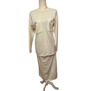 Vintage SCHRADER KNIT Skirt /Blouse Set Size 8 Womens Ivory Color